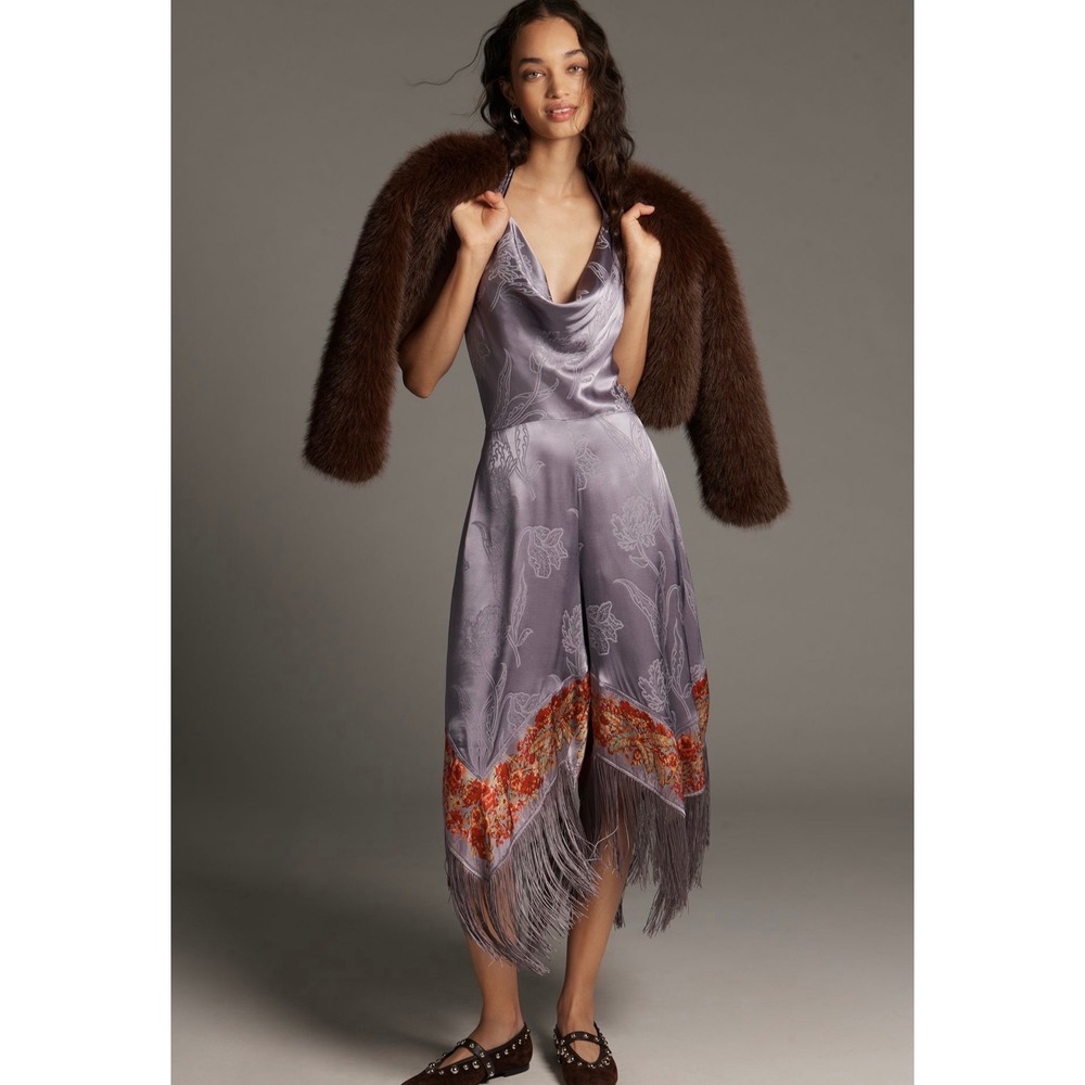 Anthropologie Fringe Cowl-Neck Jumpsuit Soft Violet Floral Jacquard 4 NEW